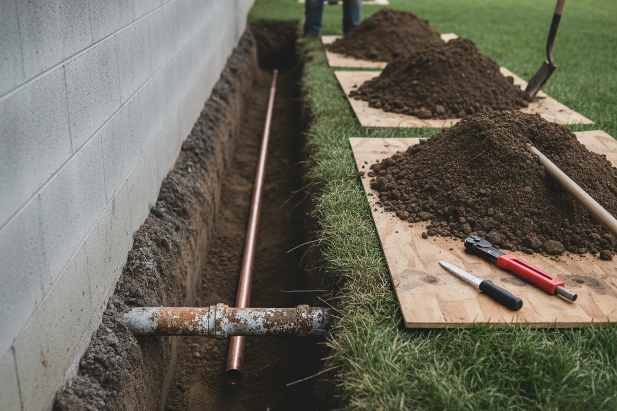 Excavated water line trench during Sewer Line Repair in Odessa